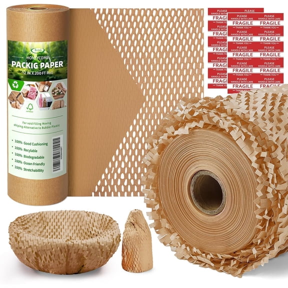 Honeycomb Packing Paper,12 inch x 200 ft Bubble Cushioning Wrap for Packing Moving,Products Gifts Wrapping Paper,Recyclable and Biodegradable Shipping Packing Materials with 20 Fragile Sticker Labels