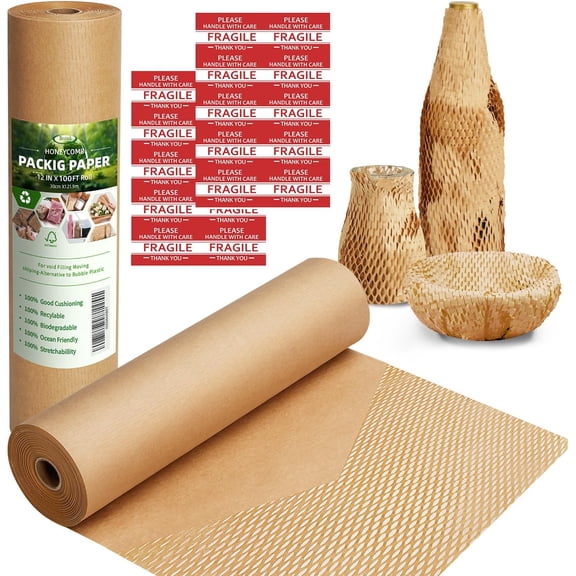 Honeycomb Packing Paper, 12" x 100' Packing Paper Substitute Alternative for Bubble Cushioning Wrap for Moving Shipping Packaging, Recyclable Moving Supplies Bubble Packing Wrap Roll-Black