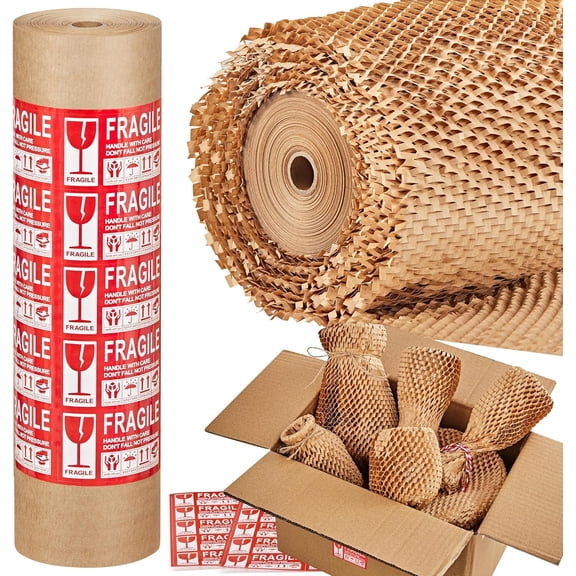 Honeycomb Packing Paper, 15 * 200' Packing Wrap for Packing/Shipping/Moving, Recyclable Honeycomb Cushioning Wrap Roll, Moving & Gifts Wrapping Paper With 20 Fragile Sticker Labels