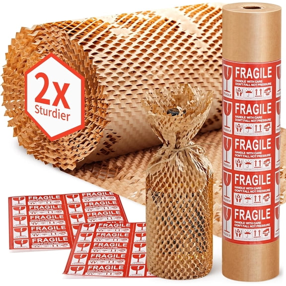 Honeycomb Packing Paper, 15"x 131' Bubble Packing Wrap for Packing/Shipping/Moving, Eco-Friendly Bubble Packing Paper Wrapping Roll, Recyclable Moving Supplies With 20 Fragile Sticker Labels