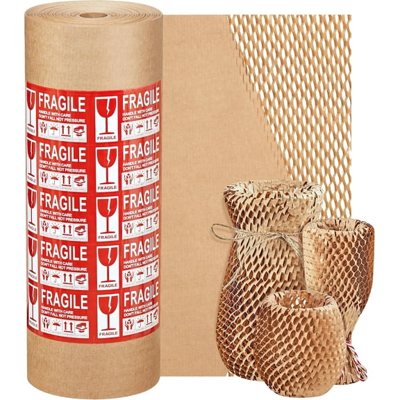 Honeycomb Packing Paper, 15"x 328' Bubble Packing Wrap for Packing/Shipping/Moving, Eco-Friendly Bubble Packing Paper Wrapping Roll, Recyclable Moving Supplies With 30 Fragile Sticker Labels