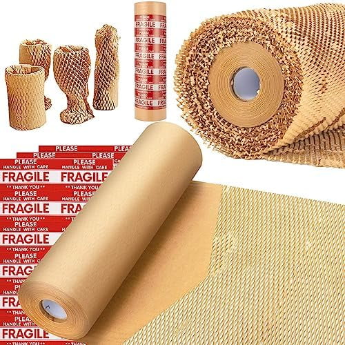 Honeycomb Packing Paper,  15"x100' Eco Friendly Packing Paper for Moving Recyclable Honeycomb Paper Moving Supplies Bubble Paper Wrapping Protective Roll, With 36 Fragile Sticker Labels