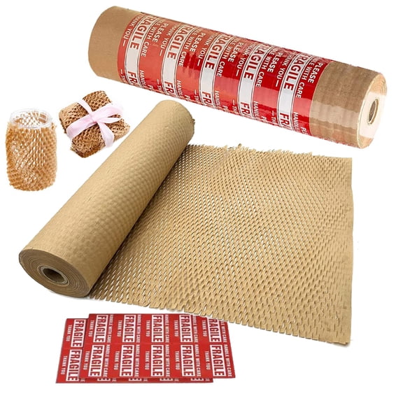 Honeycomb Packing Paper 15" W x 330' L Packing Paper for Moving Products & Gifts Honeycomb Wrapping Paper Recyclable and Biodegradable Cushioning Packing Material with 20 Fragile Stickers