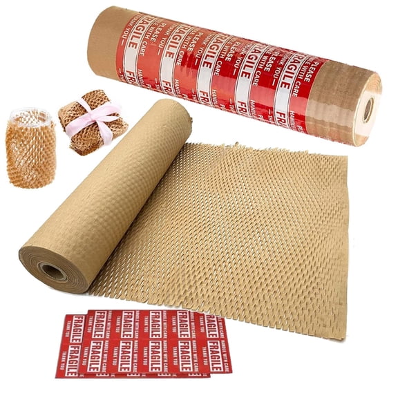 Honeycomb Packing Paper 15" W x 60' L Packing Paper for Moving Products & Gifts Honeycomb Wrapping Paper Recyclable and Biodegradable Cushioning Packing Material with 20 Fragile Stickers