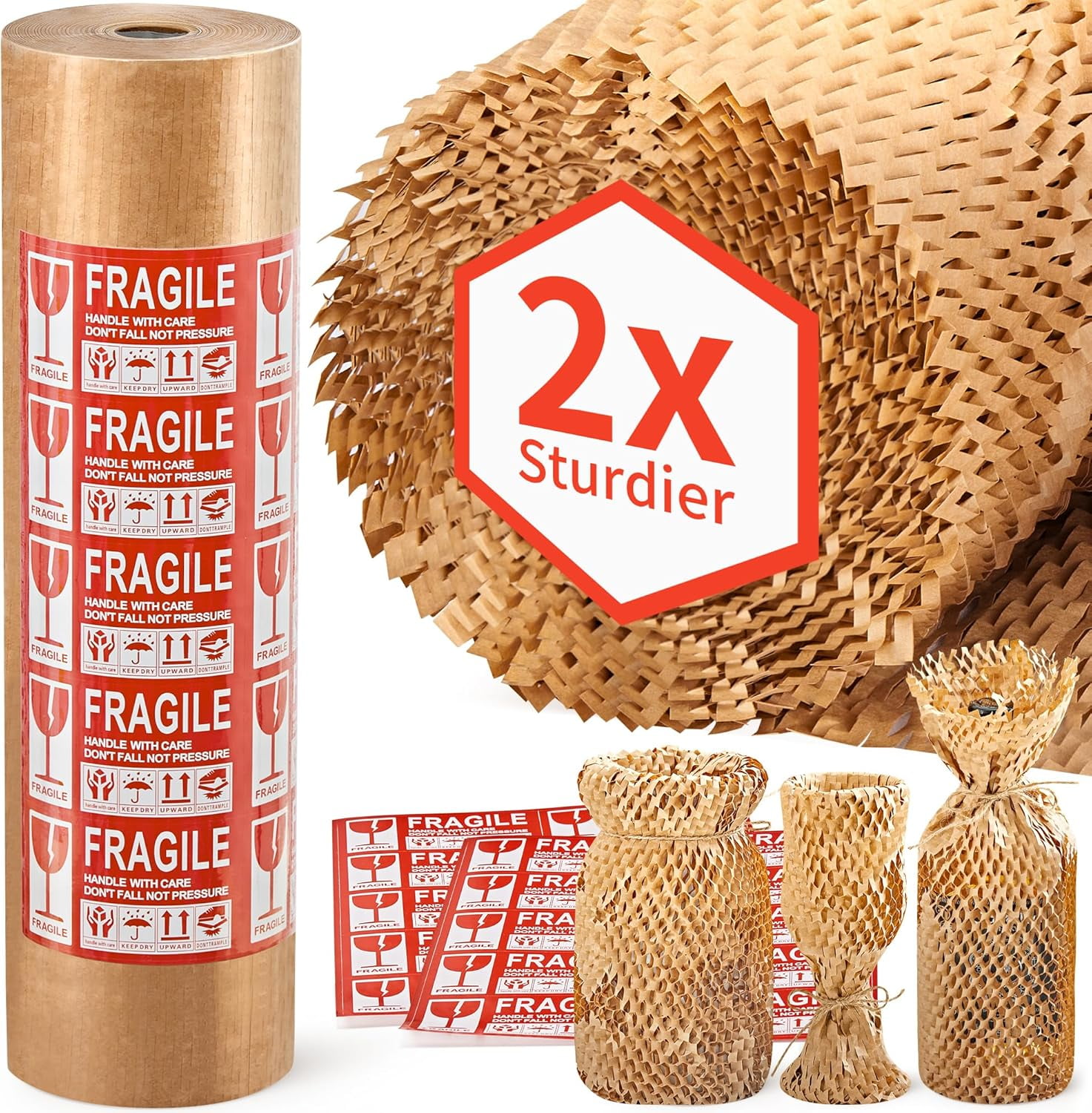 Honeycomb Packing Paper, 15"x 164' Bubble Packing Wrap for Packing Shipping Moving Bubble Packing Paper Wrapping Roll Recyclable Moving Supplies With 20 Fragile Sticker Labels