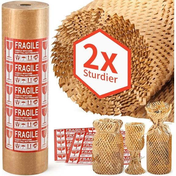 Honeycomb Packing Paper, 15"x 213' Bubble Packing Wrap for Packing/Shipping/Moving, Eco-Friendly Bubble Packing Paper Wrapping Roll, Recyclable Moving Supplies With 20 Fragile Sticker Labels
