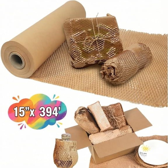15" x 394' Honeycomb Packing Paper Roll, Eco-Friendly Expanding Cushion Wrap for Moving, Shipping, Storage & Fragile Item Protection
