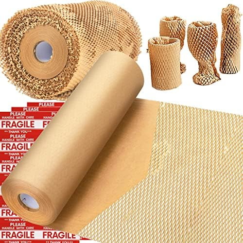 Honeycomb Packing Paper, 15"x400' Eco Friendly Packing Paper for Moving Recyclable Honeycomb Paper Moving Supplies Bubble Paper Wrapping Protective Roll, With 36 Fragile Sticker Labels$$Office