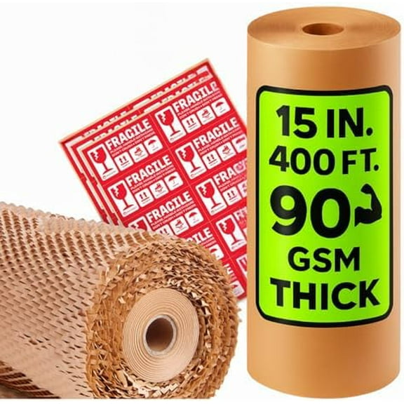 Honeycomb Packing Paper | Extra Thick 90 GSM Packing Wrap | Biodegradable Packing Materials: 15 x 400 Moving Paper + 30 Fragile Stickers | Paper Bubble Wrap/Packing Bubbles Substitute$$Office