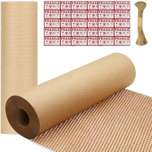 Honeycomb Packing Paper GYA 15" x 131' Eco Friendly Packing for Moving Recyclable Honeycomb Paper Bubble Wrapping with 30 Fragile Sticker Labels and 66fthemp rope (Brown)