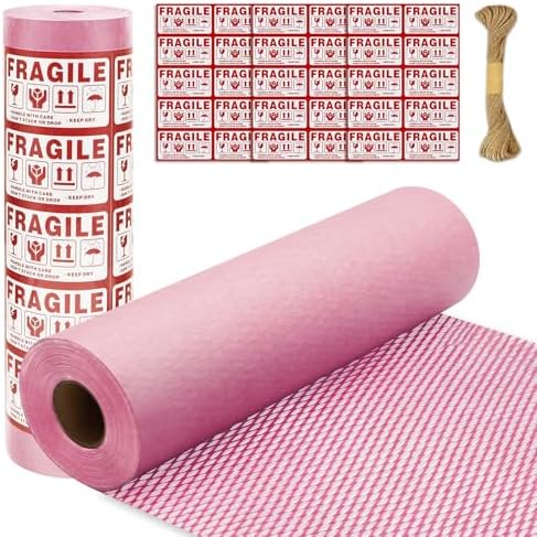 Honeycomb Packing Paper GYA 15" x 131' Eco Friendly Packing Paper for Moving Recyclable Honeycomb Paper Bubble Paper Wrapping with 30 Fragile Sticker Labels and 66fthemp rope (Pink)