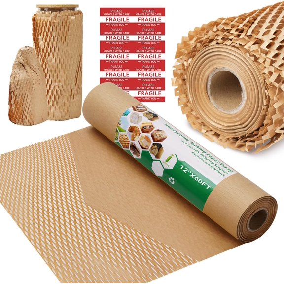 Honeycomb Packing Paper Wrap 12"x60' Recycled Bubble Cushioning Roll Eco Friendly Shipping Boxes Moving Supplies Material with 10 Fragile Sticker Labels