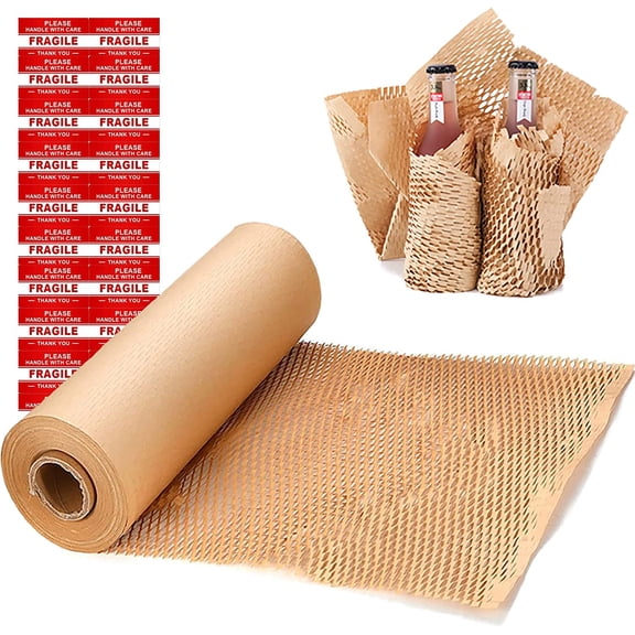 Honeycomb Packing Paper Wrap 15"x131' Sustainable Alternative to Bubble for Moving/shipping/packing Roll with 20 Fragile Sticker Biodegradable & Fully Recylable