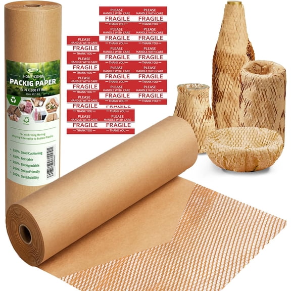 Honeycomb Packing Paper Wrap 15"x200' Sustainable Alternative to Bubble Cushioning Wrap for Moving/shipping/packing Roll with 20 Fragile Sticker Biodegradable & Fully Recylable