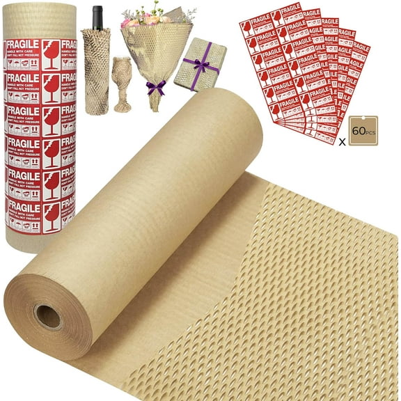 Honeycomb Packing Paper Wrap 15''x250', Substitute Alternative for Bubble Cushioning Moving Shipping Packaging, Recyclable Supplies with 60 Fragile Sticker Labels