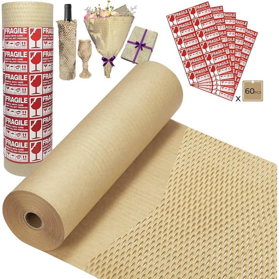 Honeycomb Packing Paper Wrap 15''x250', Substitute Alternative for Bubble Cushioning Wrap for Moving Shipping Packaging, Recyclable Moving Supplies with 60 Fragile Sticker Labels