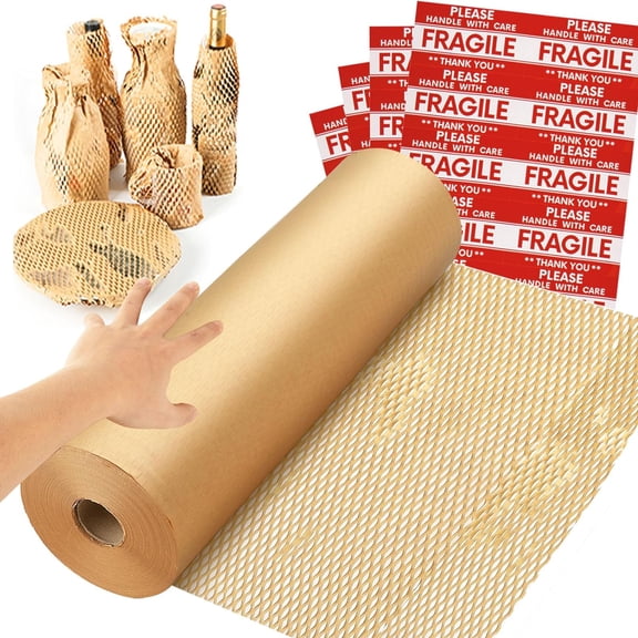 Honeycomb Packing Paper Wrap 15''x328', Substitute Alternative for Bubble Cushioning Moving Shipping Packaging, Recyclable Supplies with 48 Fragile Sticker Labels