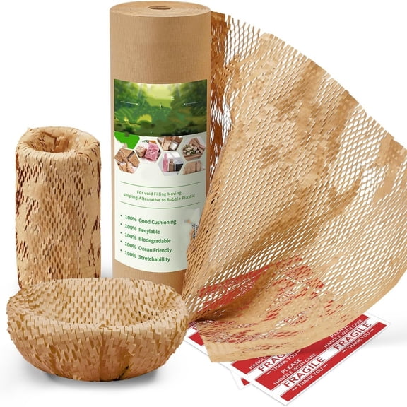 Honeycomb Packing Paper Wrap 15"x400' Sustainable Alternative to Bubble Cushioning Wrap Packing paper for Moving/shipping/packing Roll with 20 Fragile Sticker Biodegradable & Fully Recylable
