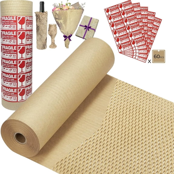 Honeycomb Packing Paper Wrap 15''x500', Substitute Alternative for Bubble Cushioning Wrap for Moving Shipping Packaging, Recyclable Moving Supplies with 60 Fragile Sticker Labels