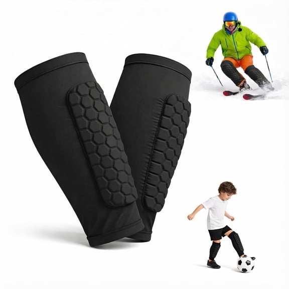 Honeycomb Padded Shin Guard Sleeves - Adjustable Compression Leg Supports for Soccer, Ski, Basketball, Boxing, Suitable for Kids, Youth & Adult Players (1 Pair, L)