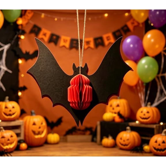 Honeycomb Paper Bat Ornament, 3D Structure with Hanging Rope, Foldable Storage, Classic Color for Indoor and Outdoor Halloween Decor