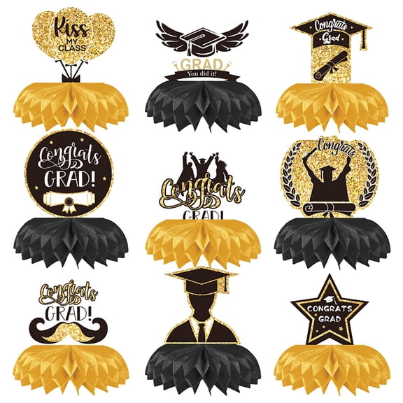 Honeycomb Paper Graduation Centerpiece Set, 2026 Grad Table Topper Decor for Party Table Desk Display, Classroom Home Event Decoration, Fun Novelty Graduation Scene , 1 Pack of 9 Cards + 9 Bases