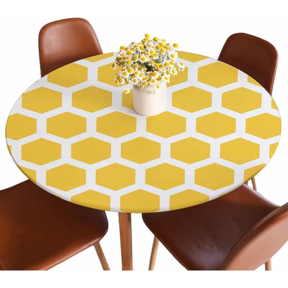 Honeycomb Pattern Round Tablecloths Elastic Edged Honey Hexagon Yellow Hexagonal Geometric Tablecloths Washable Reusable for Kitchen Picnic Party 40-44 inch