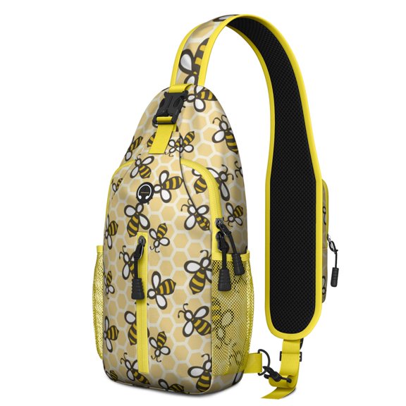 Honeycomb Pattern Sling Backpack, Lightweight Crossbody Daypack with Bumble Bee and Yellow Hive Cartoon Print, Cute Honeybee Lover Design Anti-theft Travel Bag for Daily Commute, Gym, Outdoor