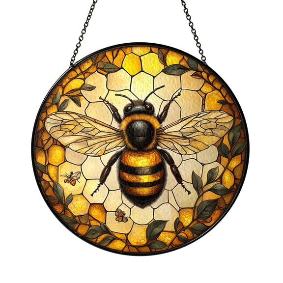 Honeycomb Pattern with Bee Stained Glass Window Hanging Decor