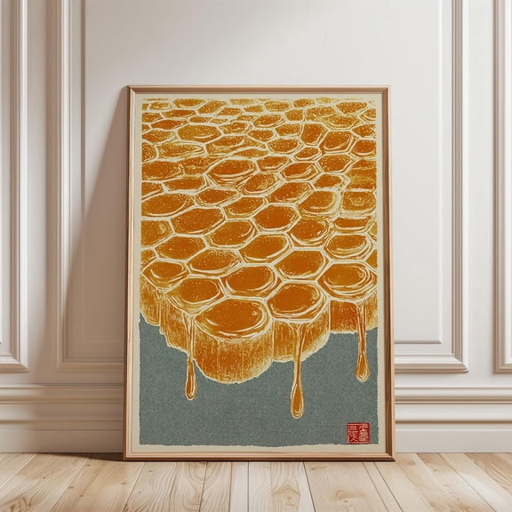 Honeycomb Poster Golden Honey Illustration Abstract Food Pattern Wall, Unframed Poster