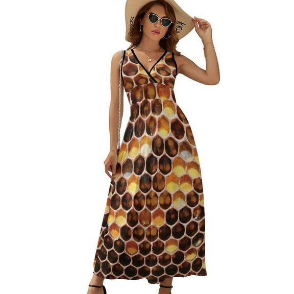 Honeycomb Print Dress Summer Street Style Bohemia Long Dresses Female Sleeveless Printed Maxi Dress