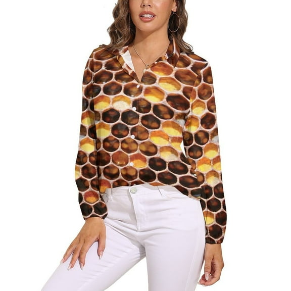 Honeycomb Print Long Sleeve Blouse Woman Streetwear Casual Shirts Summer Oversize Woman Streetwear Clothing Birthday Present