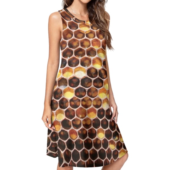 Honeycomb Print Spring Summer Dresses for Women Fashion T-shirt Dress Casual Sleeveless Loose Sundress with Pockets