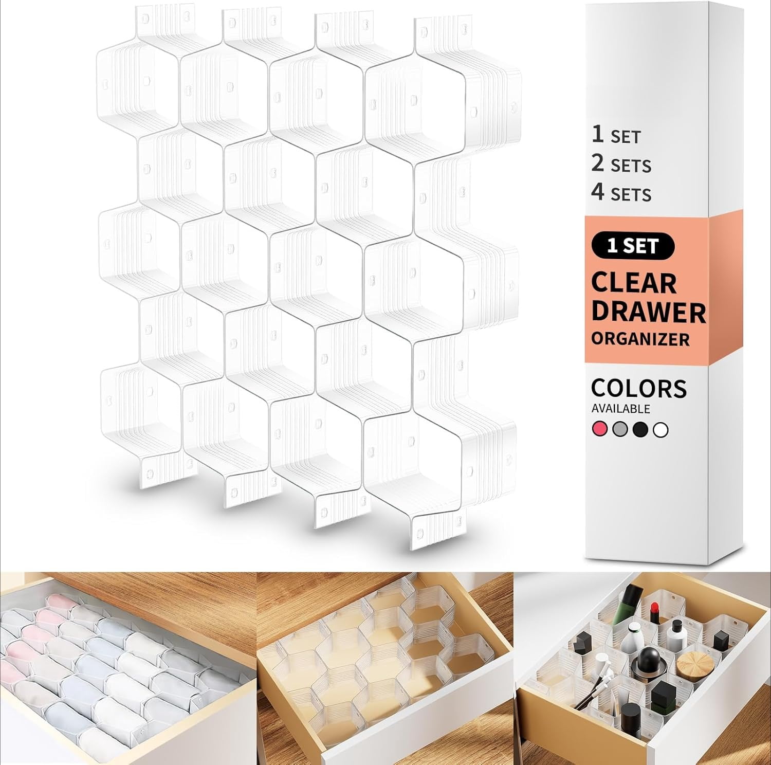 Honeycomb Separator Adjustable Drawer Organizer Divider for Underwear Belt-Scarf Socks Organizer (White(1pc)) Black(1pc)