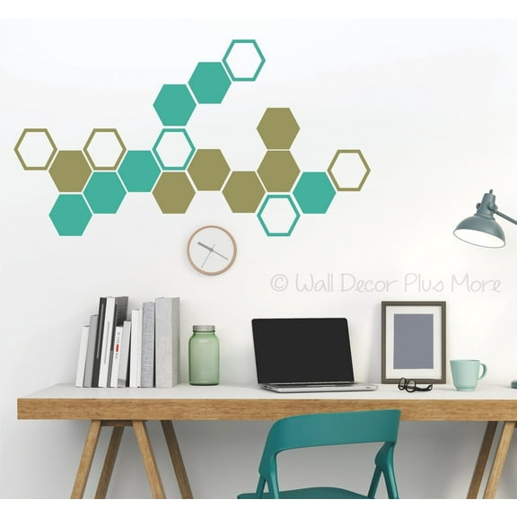 Honeycomb Shaped Wall Art Stickers Hexagons for Room Home Decor, 18pc, 5-Inch Turquoise/Metallic Gold