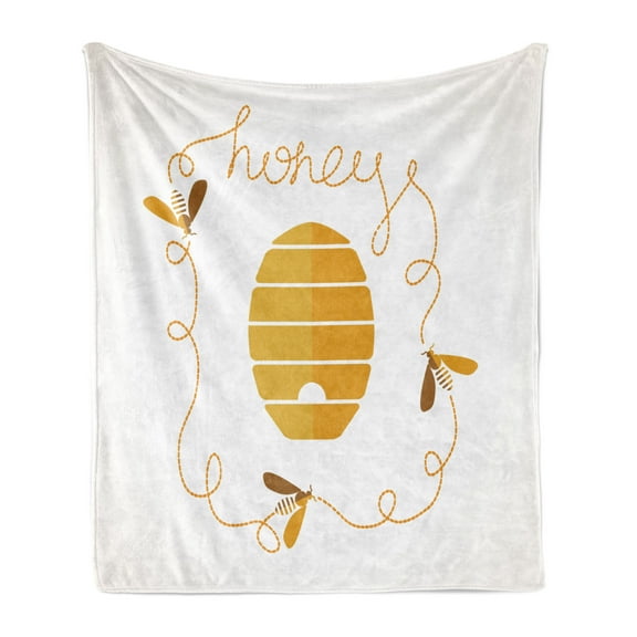 Honeycomb Soft Flannel Fleece Blanket, Hive Design with Dashed Lines and Bees and Honey Lettering in Cursive, Cozy Plush for Indoor and Outdoor Use, 50" x 70", Earth Yellow and White, by Ambesonne