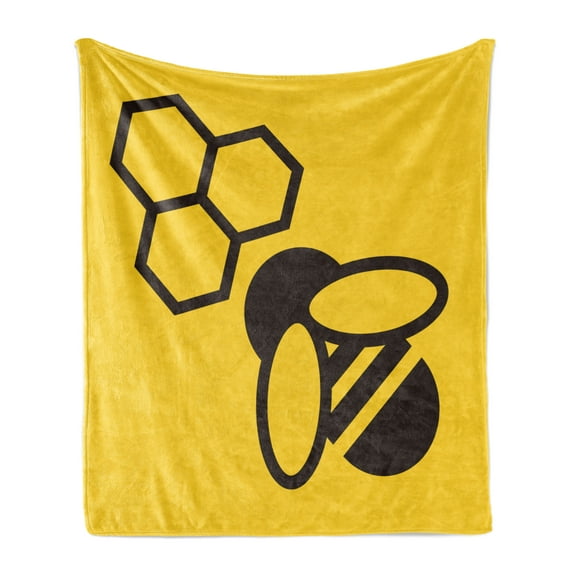 Honeycomb Soft Flannel Fleece Blanket, Silhouette Style Minimalist Composition Hexagons with Bee Simplistic Design, Cozy Plush for Indoor and Outdoor Use, 50" x 60", Yellow and Black, by Ambesonne