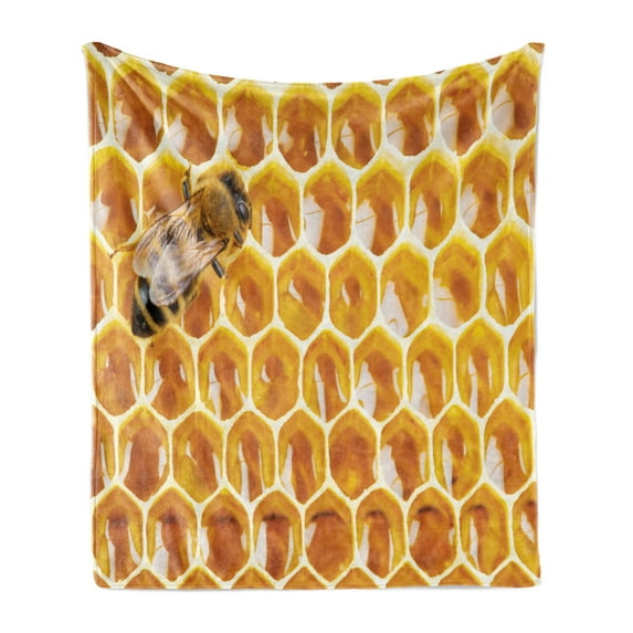 Honeycomb Soft Flannel Fleece Blanket, Working Bee on Honeycomb Cells Nature Photography Idyllic Scene Composition, Cozy Plush for Indoor and Outdoor Use, 60" x 80", Black and Yellow, by Ambesonne