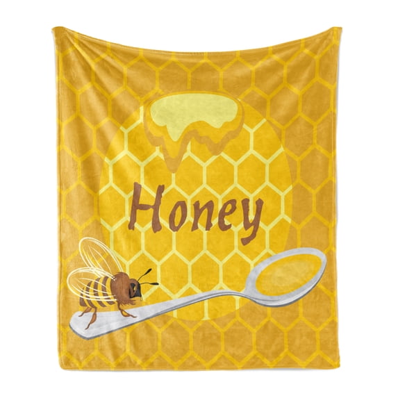 Honeycomb Soft Flannel Fleece Throw Blanket, Bee on a Spoon Full of Honey on Geometric Background Pattern Hive Theme, Cozy Plush for Indoor and Outdoor Use, 60" x 80", Yellow and Brown, by Ambesonne