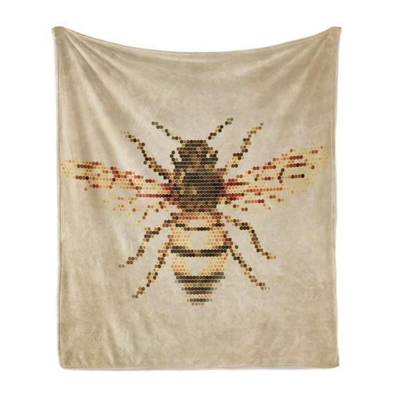 Honeycomb Soft Flannel Fleece Throw Blanket, Honey Bee Portrait with Geometrical Shapes Vintage Style Pattern, Cozy Plush for Indoor and Outdoor Use, 50" x 60", Beige Brown Earth Yellow, by Ambesonne