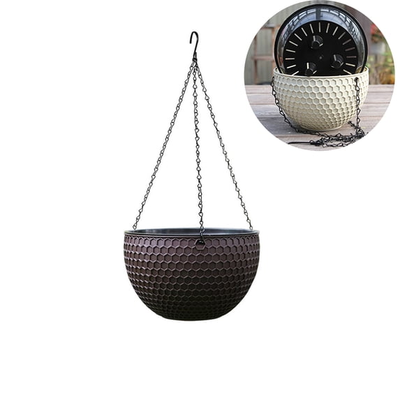 Honeycomb Textured Self Watering Hanging Planter Basket, Plastic Auto-Absorb Water Hanging Flower Pot with Metal Chain, Indoor Outdoor Hanging Basket for Orchid Succulent Trailing Plants,Coffee