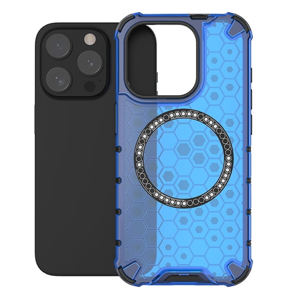 Honeycomb Transparent Case for iPhone 16 Pro Max, Compatible with MagSafe Accessories Wireless Charging Slim Anti-Scratch Shockproof Dual Layer Cover Case for iPhone 16 Pro Max - Blue