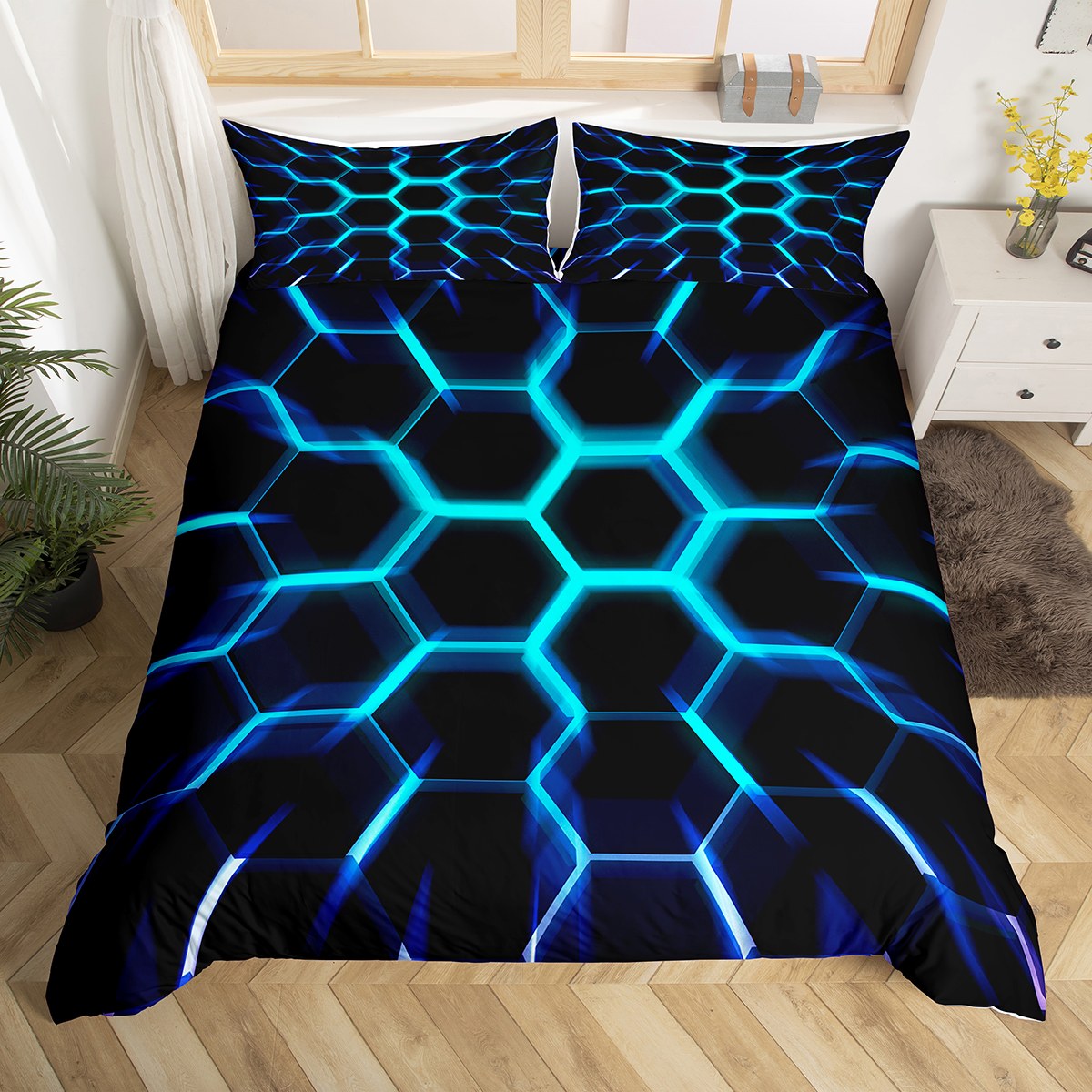 Twin Bedding Sets for Boys Kids Black Teal Blue Hexagon Geometrical Duvet Cover,3D