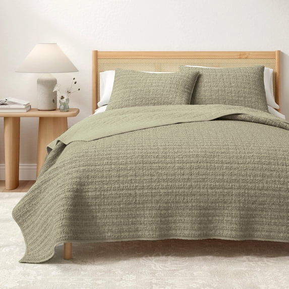 Honeycomb Waffle Garment Washed 3-Piece Cotton Quilt Set, Full/Queen, Eucalyptus Green