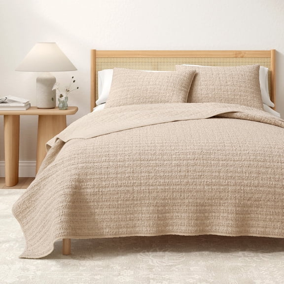 Honeycomb Waffle Garment Washed 3-Piece Cotton Quilt Set, King, Cappuccino