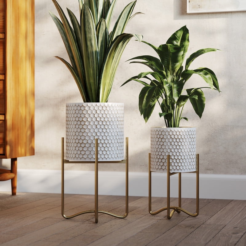 Honeycomb White Planter Pot With Ambrose Gold Metal Planter Base - (Small & Medium Set)
