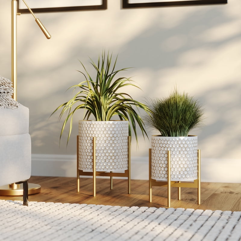 Honeycomb White Planter Pot with Loki Gold Planter Metal Base - (Small & Medium Set)