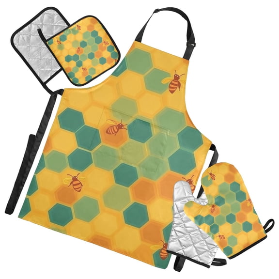 Honeycomb and Bees Oven Mitts and Pot Holders with Chef Apron Set 5 Pcs Kitchen Cooking Set