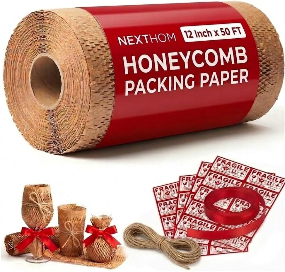 Honeycomb packaging paper, 12 inches by 50 feet – eco-friendly recyclable cushioning packaging roll, for moving and transporting, as an alternative to bubble wrap, comes with rope, ribbon, and 40 fra