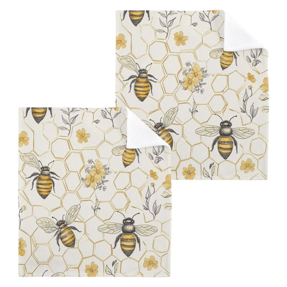Honeycomb with Bees Pattern 100% Cotton Face Towel 12x12in Soft Absorbent Washcloth Durable Printed Hand Towels for Bathroom Travel 2 Pcs